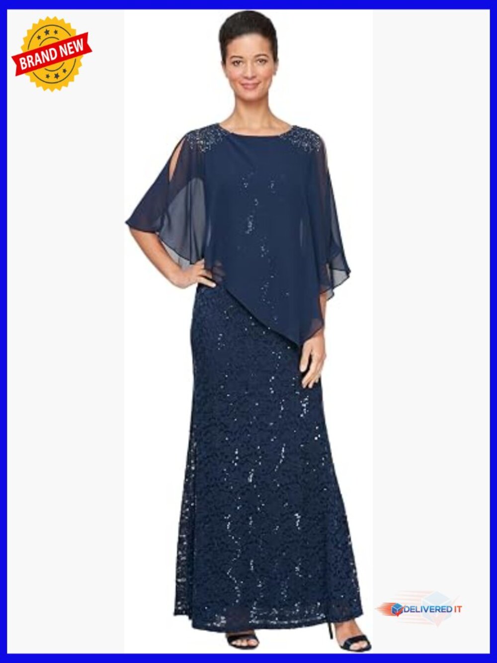 Long Sequin Lace Beaded Capelet Overlay Mother of Bride Formal Gown